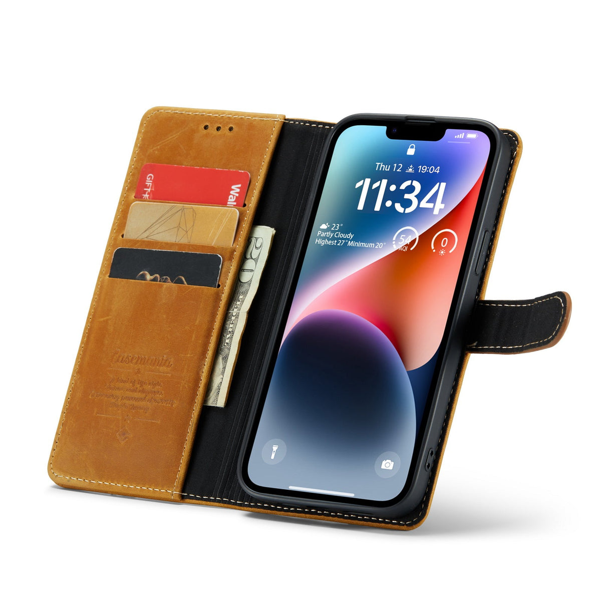 Apple iPhone 15 Plus Case - Brown - Genuine Leather Wallet Case