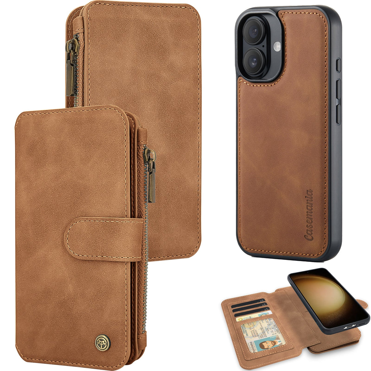Apple iPhone 16 Plus Hülle - Sienna Brown - 2-in-1 Klapphülle mit Kartenfach und Reißverschluss