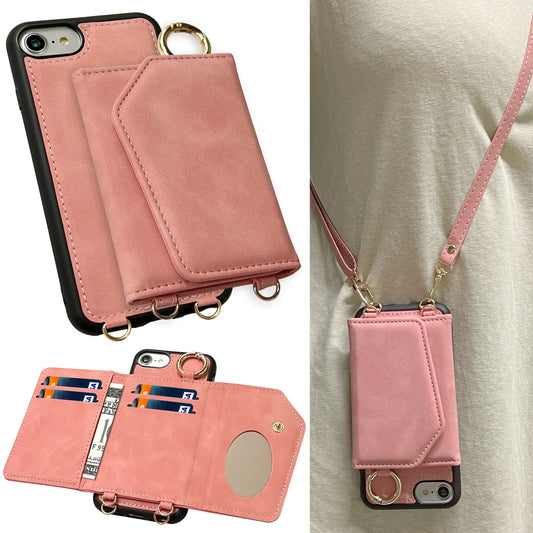 Apple iPhone 7 Hülle - Pale Pink - Backcover mit Spiegel, ausziehbarem Kartenfach und Handykette