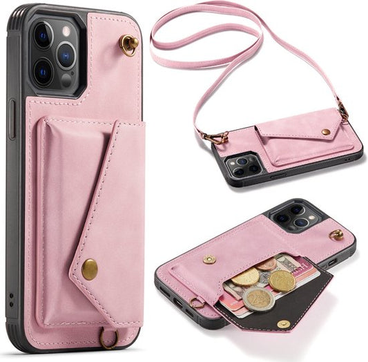Apple iPhone 12 Pro Max Hoesje - Roze - Luxe Back Cover met Telefoonkoord