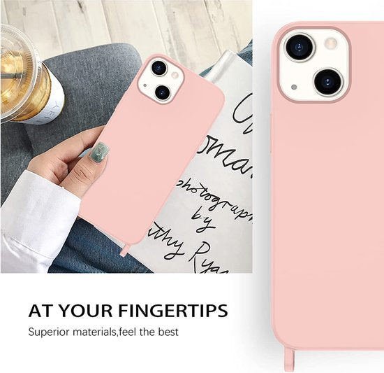 Apple iPhone 14 Pro Hoesje - Roze - Siliconen Back Cover met Telefoonkoord