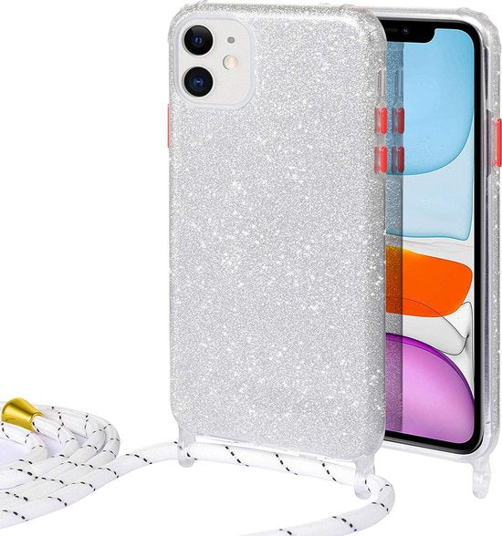 Apple iPhone 12 Mini Case - Silver - Glitter Back Cover with Phone Strap