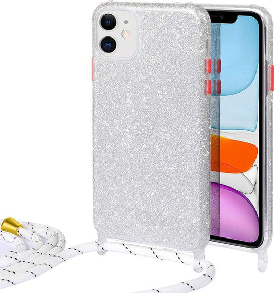 Apple iPhone 12 Mini Hoesje - Zilver - Glitter Back Cover met Telefoonkoord