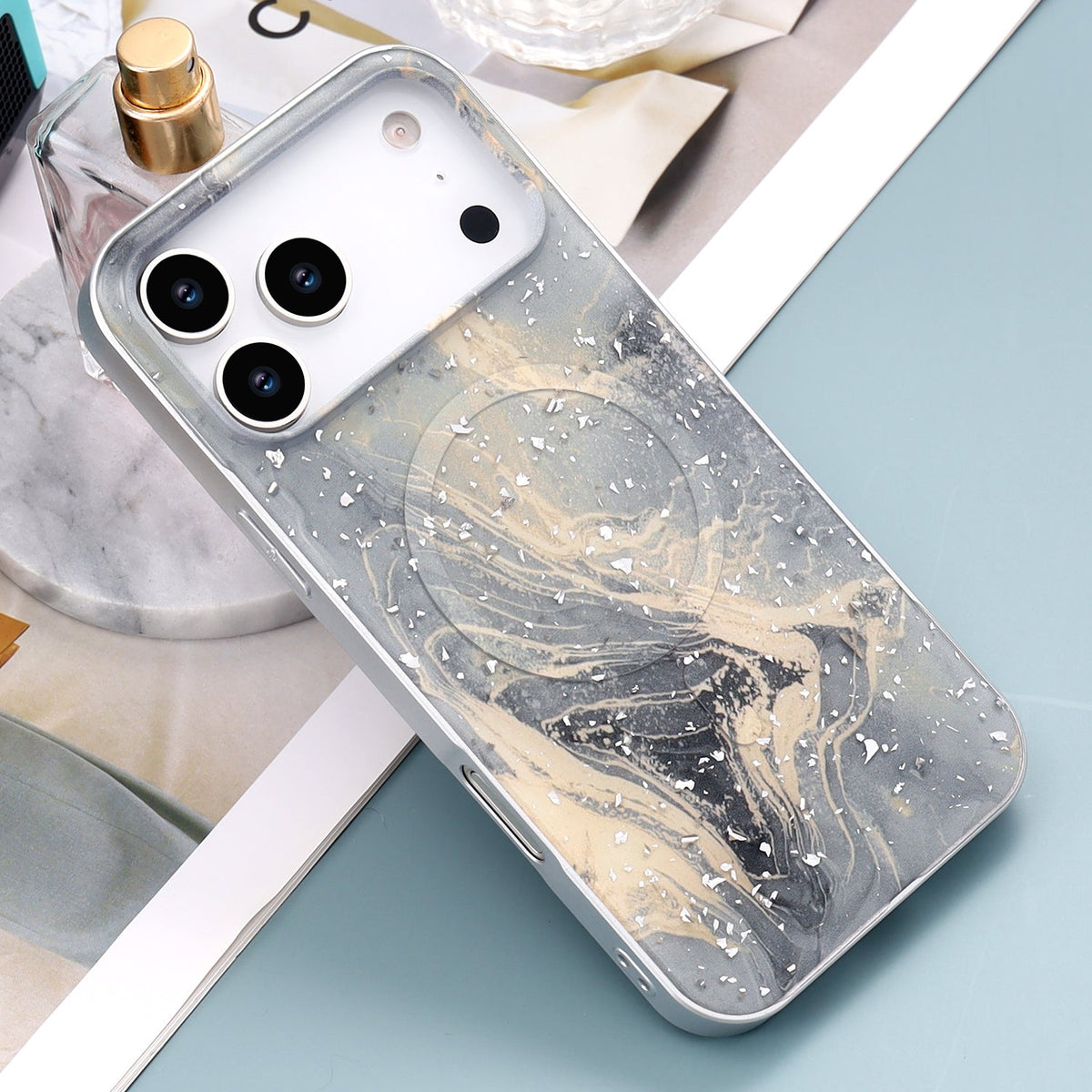 Apple iPhone 17 Pro Hoesje - Grijs - Marmer Glitter MagSafe Back Cover
