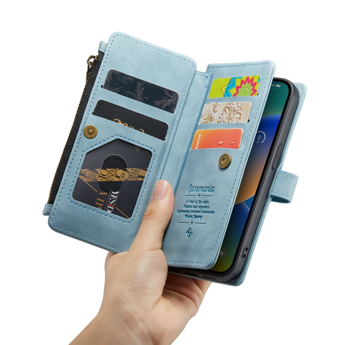 Apple iPhone 7 Hoesje - Aqua Blue - Luxe Bookcase met Rits en Telefoonkoord