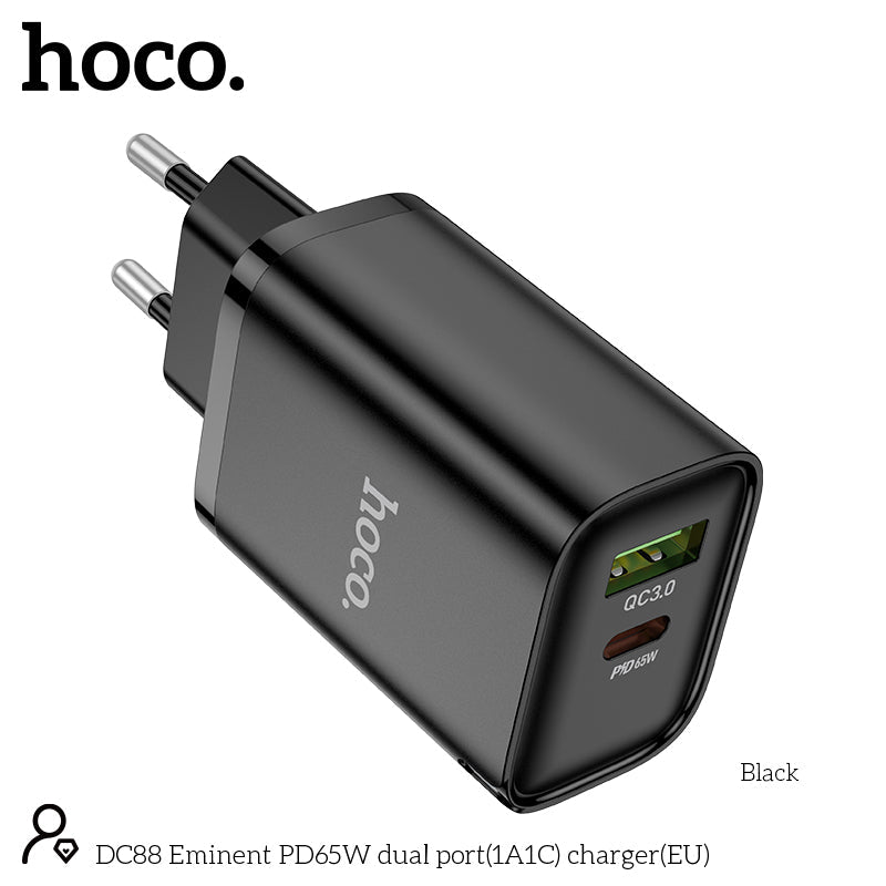Hoco 65W Snellader 2-poorts USB-C + USB-A - Zwart