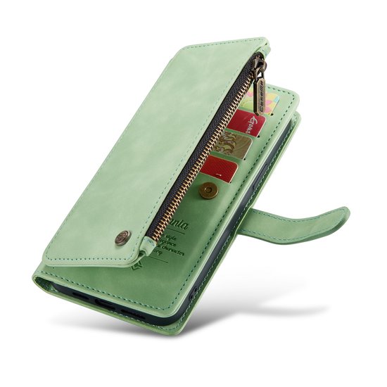 Apple iPhone 14 Pro Max Case - Pistache Green - Luxury Wallet Case with Zipper and Phone Strap
