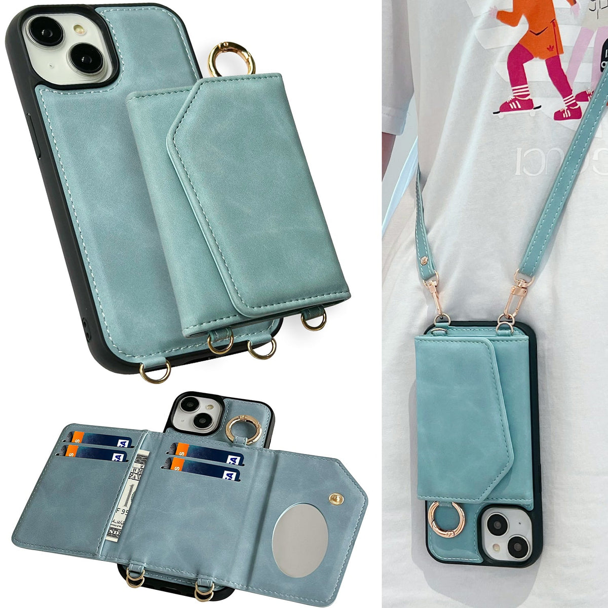 Apple iPhone 16 Plus Hülle - Aqua Blue - Luxus-Klapphülle mit Kartenfach, Spiegel und Handykette