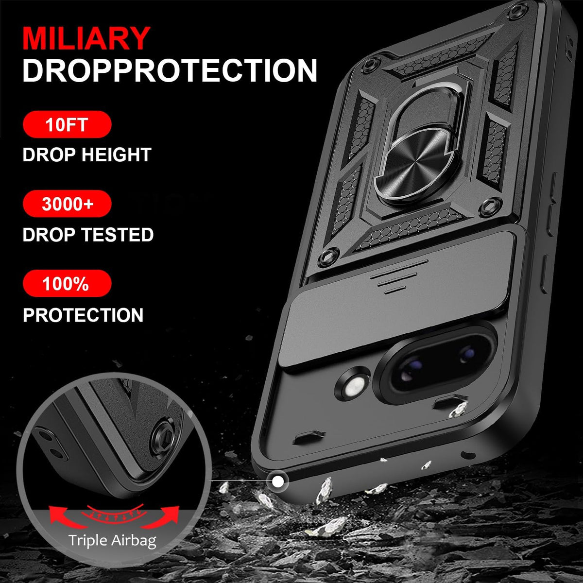 Google Pixel 9a Hoesje - Zwart - Armor Kickstand Camera Back Cover