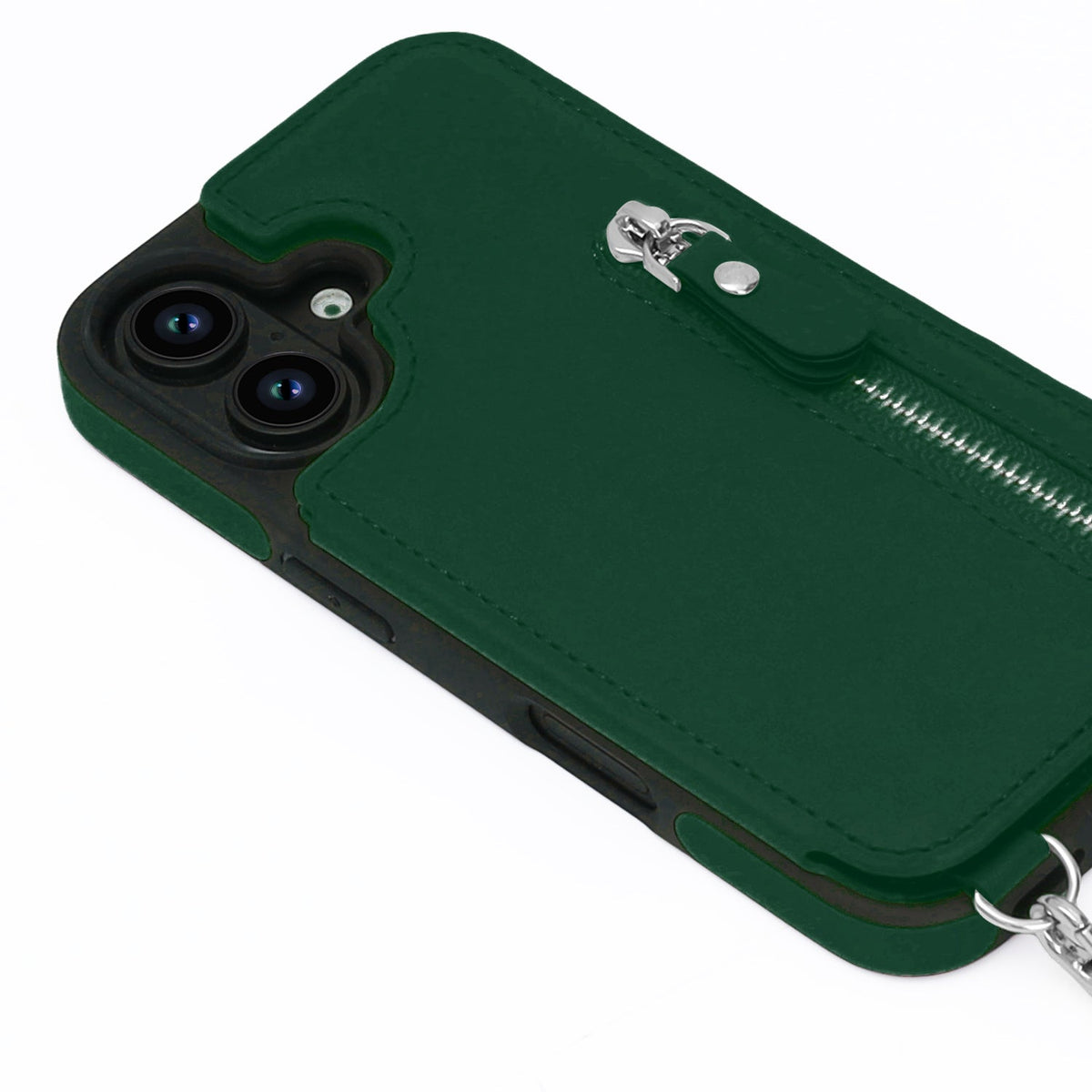 iPhone 16 Case - Green - Luxury Back Cover with Phone Strap and Zip