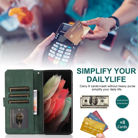 Samsung Galaxy S22 Ultra Hoesje - Groen - Extra Stevige Luxe Bookcase met Rits en Vakken