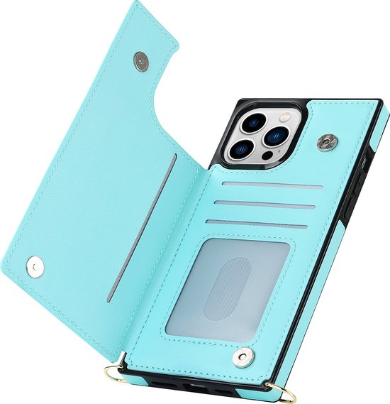 Apple iPhone 14 Pro Max Hoesje - Turquoise - Luxe Back Cover met Telefoonkoord en Rits