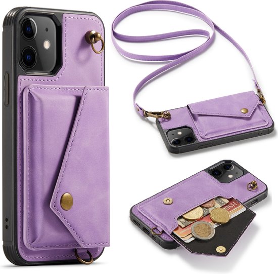 Apple iPhone 12 Hoesje - Paars - Luxe Back Cover met Telefoonkoord