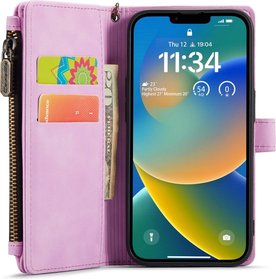Apple iPhone 14 Plus Hoesje - Pastel Pink - Luxe Bookcase met Rits en Telefoonkoord