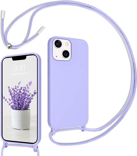 iPhone 14 Hoesje - Paars - Siliconen Back Cover met Telefoonkoord