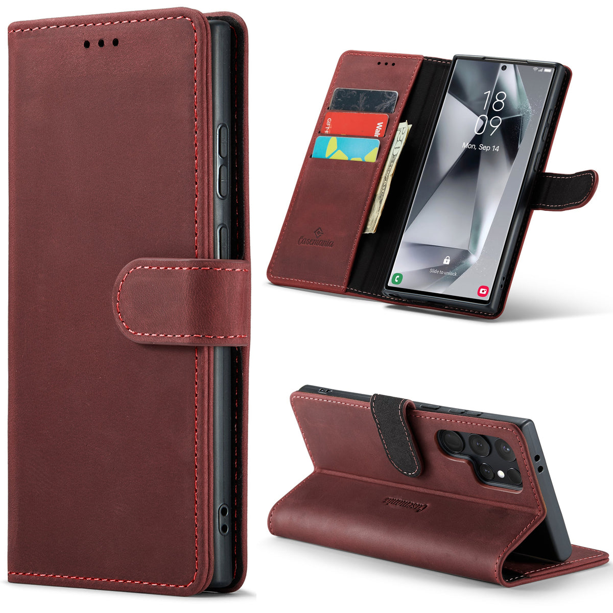 Samsung Galaxy S24 Ultra Hülle - Crimson Red - Echtleder-Klapphülle mit Kartenfach