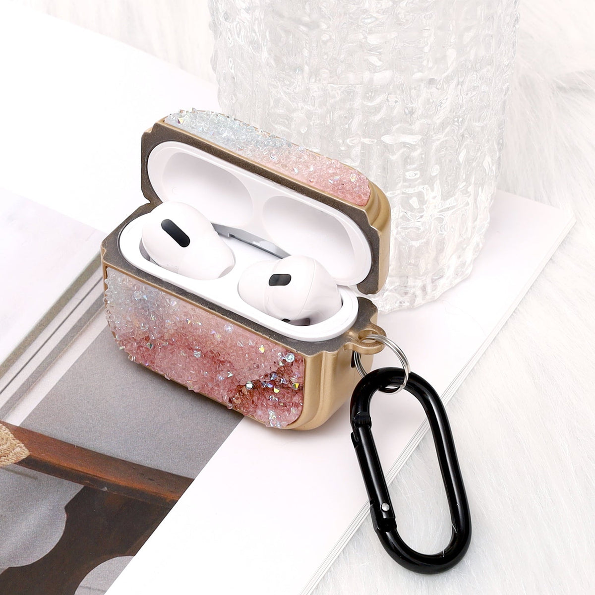 Apple AirPods Pro 2 / Pro Hoesje - Diamant Marmer Glitter met Ring - Goud