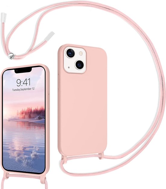 Apple iPhone 14 Pro Hoesje - Roze - Siliconen Back Cover met Telefoonkoord