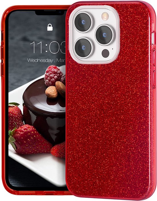 Apple iPhone 13 Pro Max Hoesje - Rood - Glitter MagSafe Back Cover