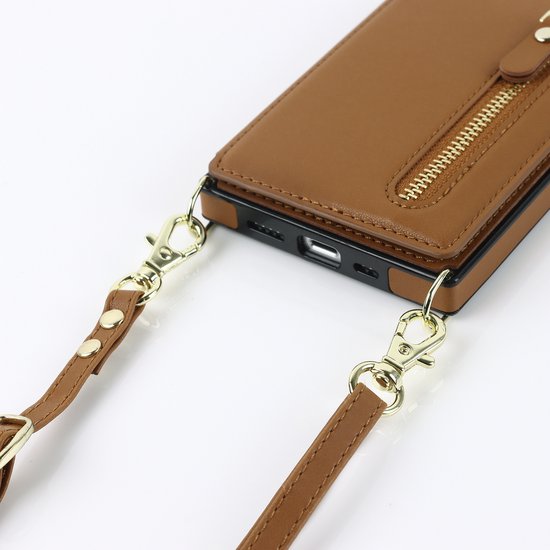 Apple iPhone 15 Hoesje - Bruin - Luxe Back Cover met Telefoonkoord en Rits