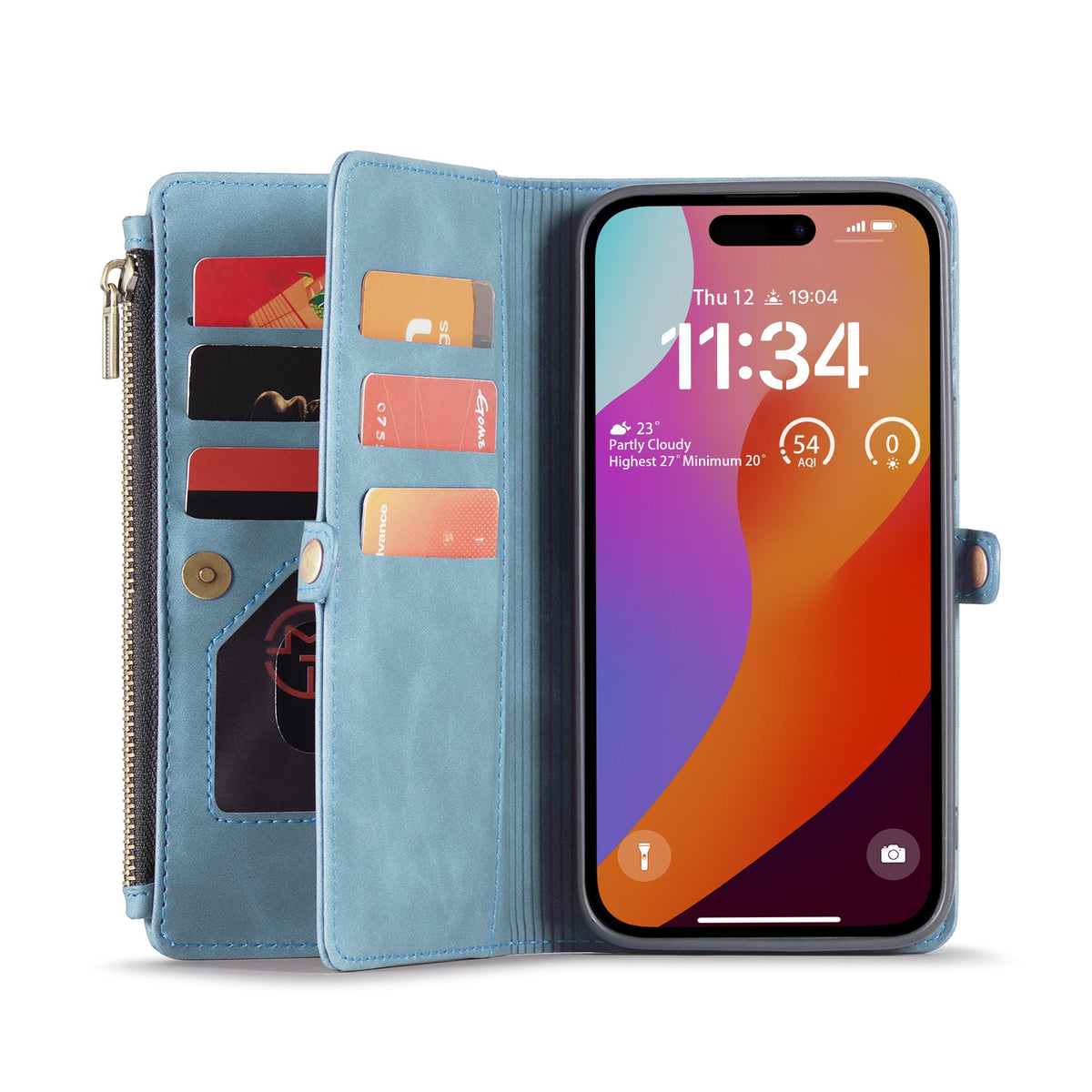 Apple iPhone 15 Plus Hoesje - Aqua Blue - Luxe MagSafe Bookcase met Rits en Telefoonkoord