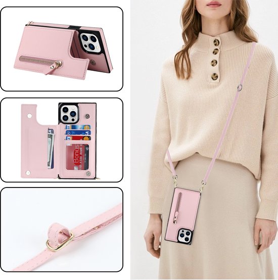 Apple iPhone 15 Pro Hoesje - Roze - Luxe Back Cover met Telefoonkoord en Rits