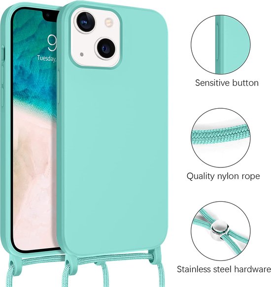 iPhone 14 Plus Hoesje - Turquoise - Siliconen Back Cover met Telefoonkoord