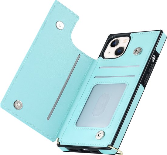 Apple iPhone 14 Case - Turquoise - Luxury Back Cover with Phone Strap and Zipper