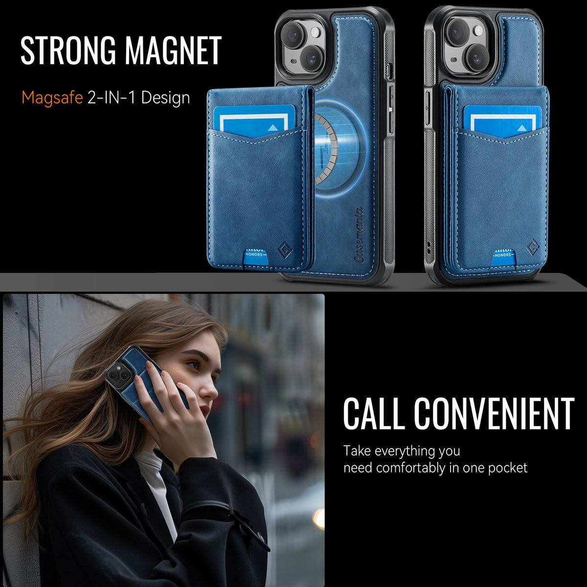 Apple iPhone 14 Case - Navy Blue - MagSafe Back Cover with Pull-Out Card Holder