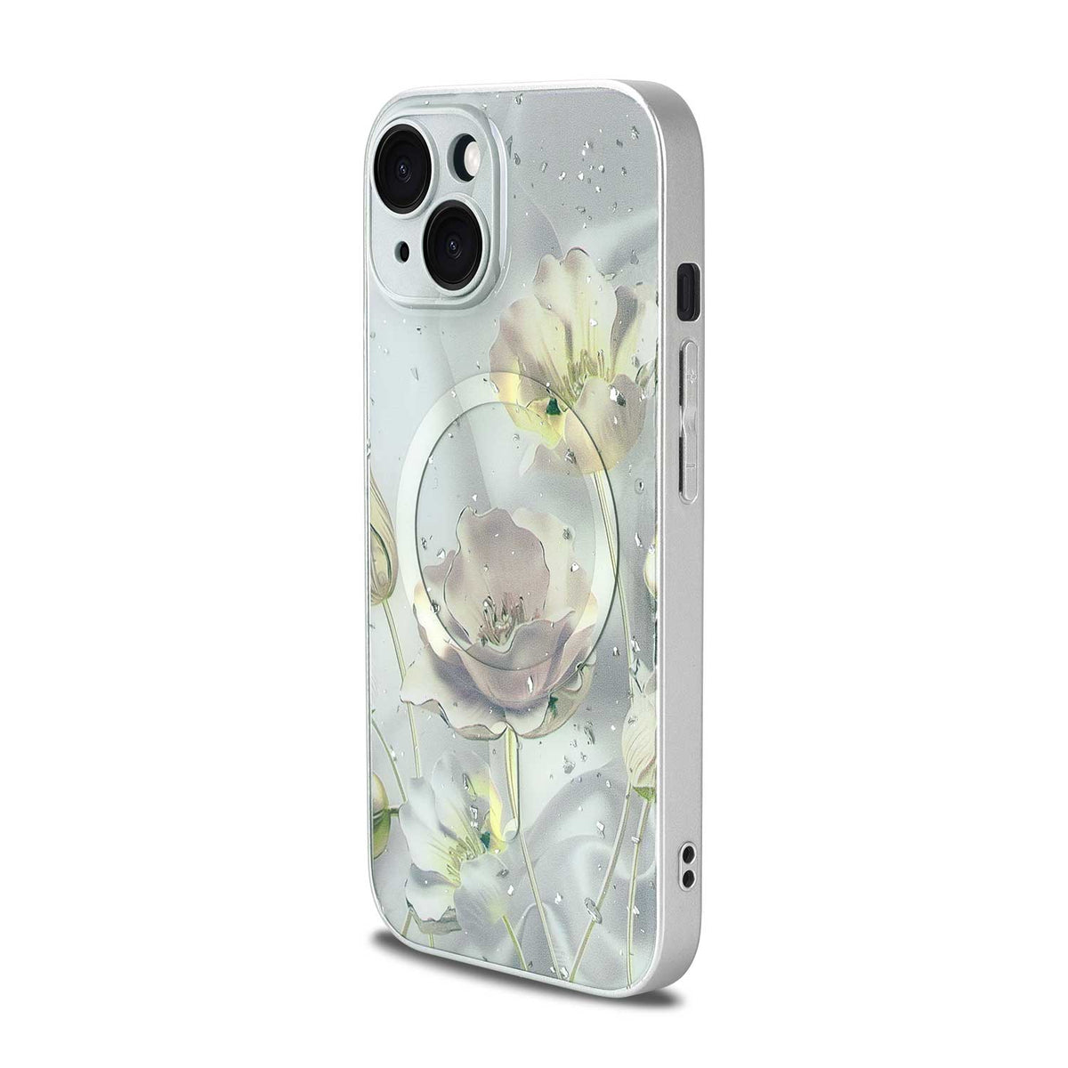 Apple iPhone 14 Case - Grey - Floral Glitter MagSafe Back Cover