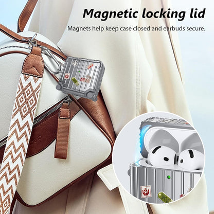 Apple AirPods 4 Hoesje - Koffer Suit Case met Stickers - Zilver