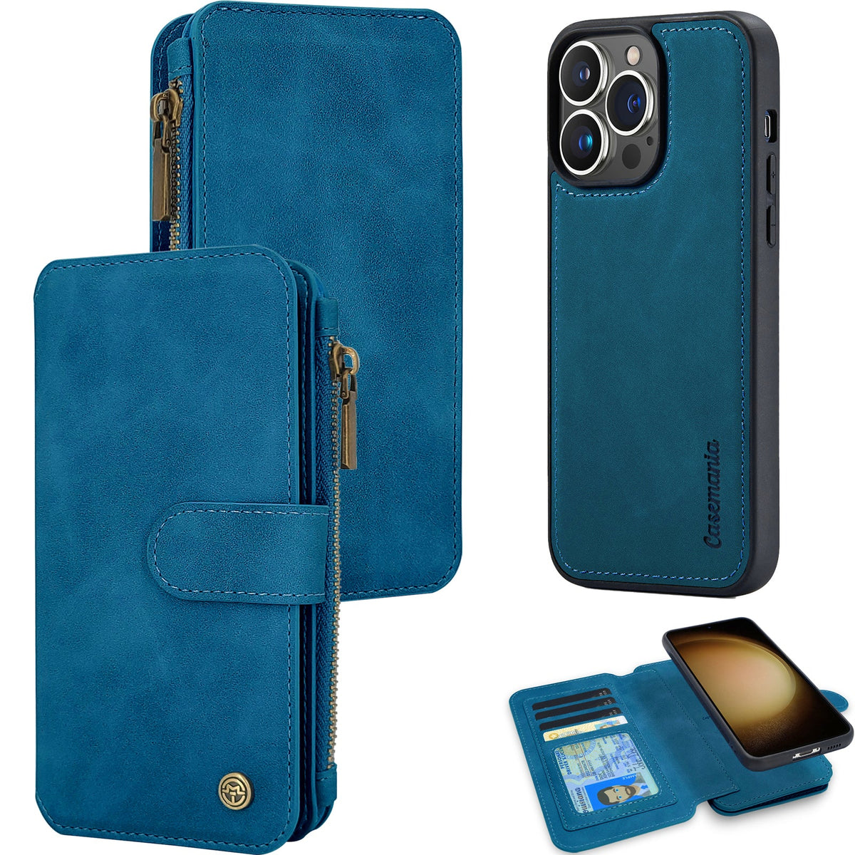 Apple iPhone 16 Pro Hülle - Navy Blue - 2-in-1 Klapphülle mit Kartenfach und Reißverschluss