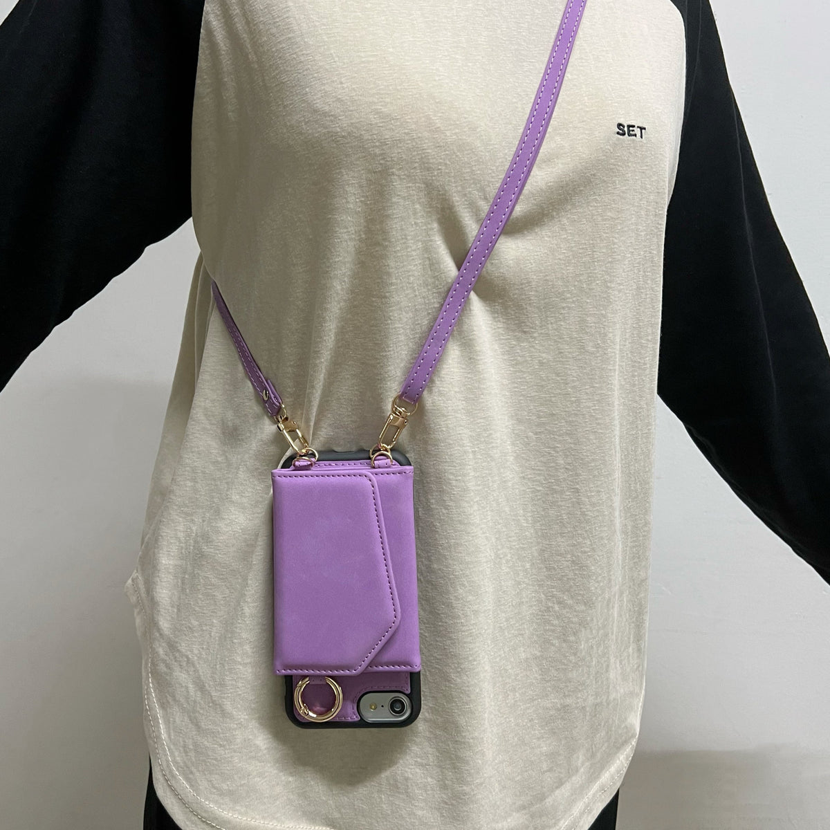 Apple iPhone 7 Case - Bright Lila - Back Cover with Mirror, Sliding Card Holder and Phone Strap