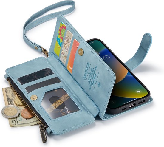 Apple iPhone 14 Plus Hoesje - Aqua Blue - Luxe Bookcase met Rits en Telefoonkoord