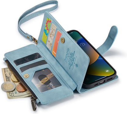Apple iPhone 14 Hoesje - Aqua Blue - Luxe Bookcase met Rits en Telefoonkoord