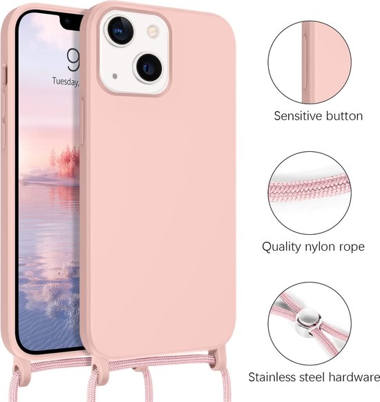 Apple iPhone 14 Pro Hoesje - Roze - Siliconen Back Cover met Telefoonkoord
