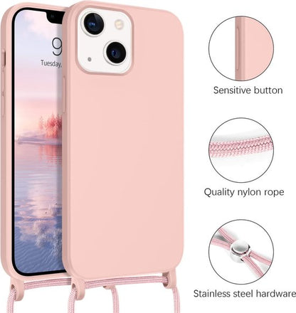 Apple iPhone 14 Pro Hoesje - Roze - Siliconen Back Cover met Telefoonkoord
