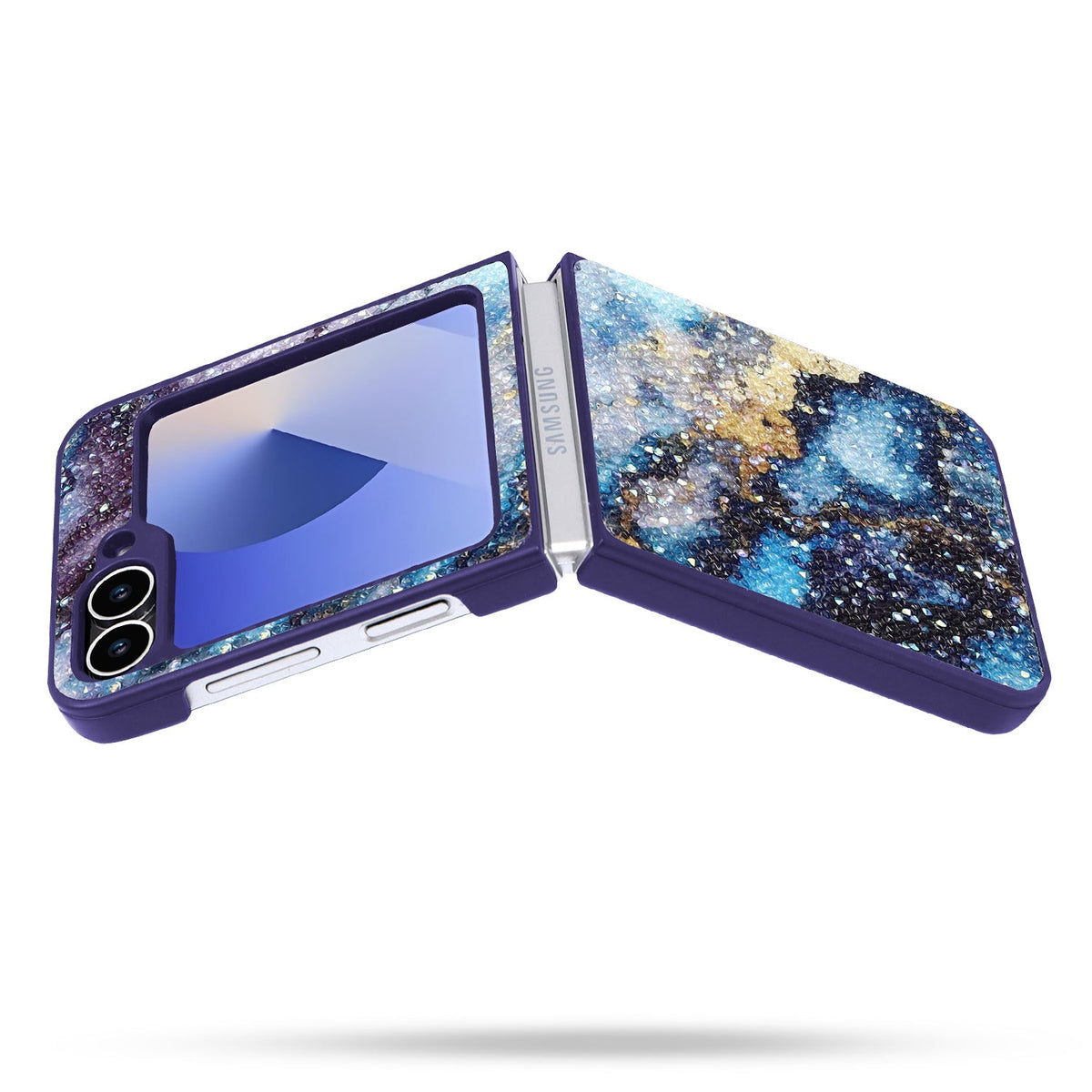 Coque Samsung Galaxy Z Flip 6 - Marbre Bleu - Étui arrière à paillettes effet marbre diamant