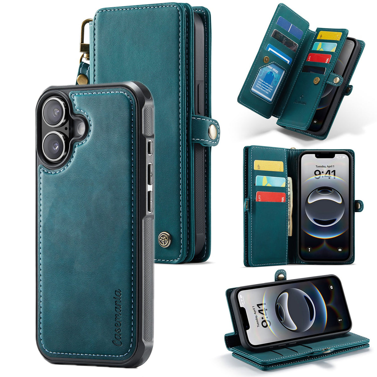 Apple iPhone 17 Case - Emerald Green - Luxury 2-in-1 Wallet Case with 10 Card Slots and Wrist Strap