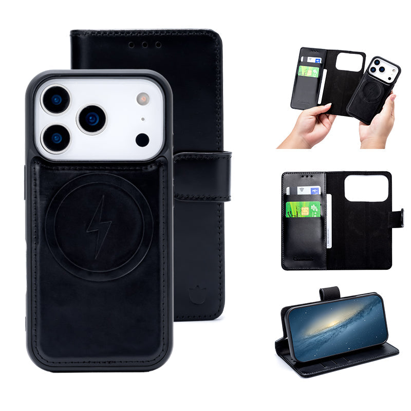 Apple iPhone 17 Pro Max Hoesje - Charcoal Gray - Echt Leren 2 in 1 MagSafe Bookcase