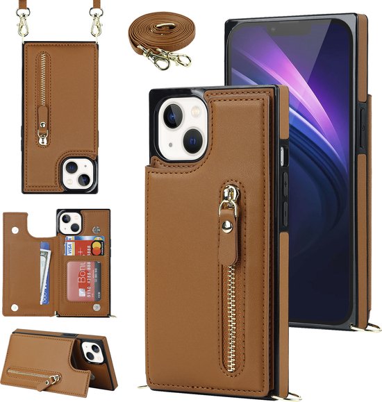 Apple iPhone 15 Hoesje - Bruin - Luxe Back Cover met Telefoonkoord en Rits