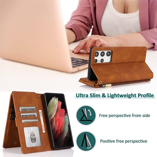 Samsung Galaxy S22 Ultra Hoesje - Bruin - Extra Stevige Luxe Bookcase met Rits en Vakken