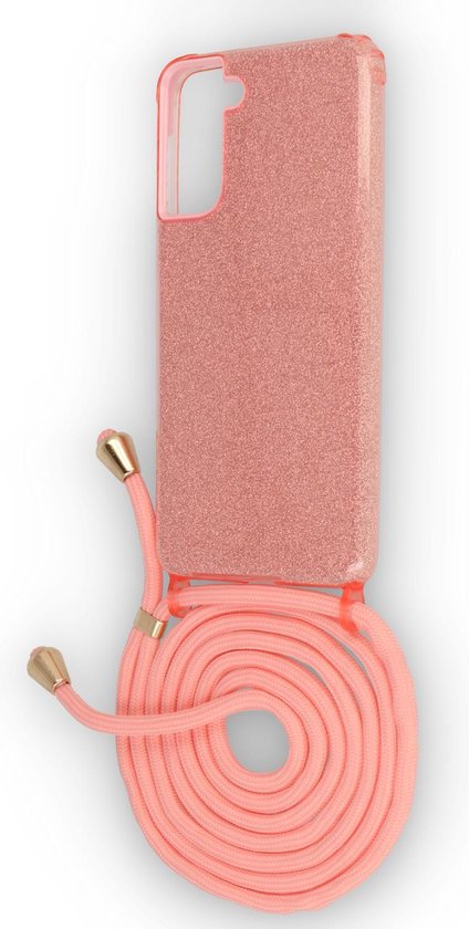 Samsung Galaxy S21 Plus Hoesje - Roze - Glitter Back Cover met Telefoonkoord