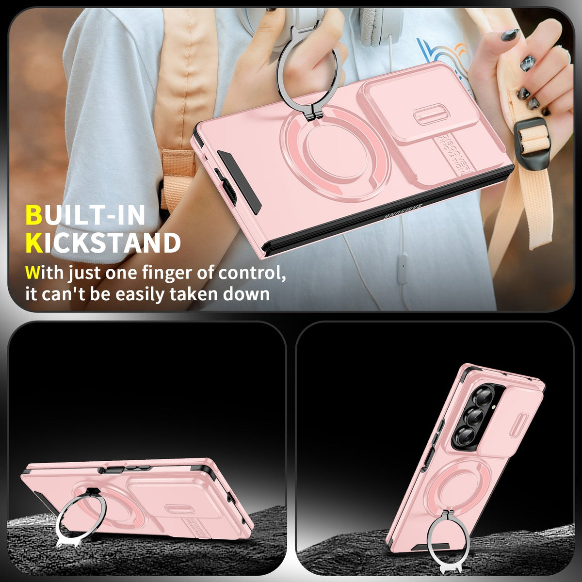 Samsung Galaxy Z Fold 7 Hoesje - Licht Roze - Kickstand Ring Back Cover