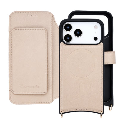 Apple iPhone 17 Pro Hoesje - Beige - 'Amsterdam' Magnetische Wallet Case met Pasjeshouders en