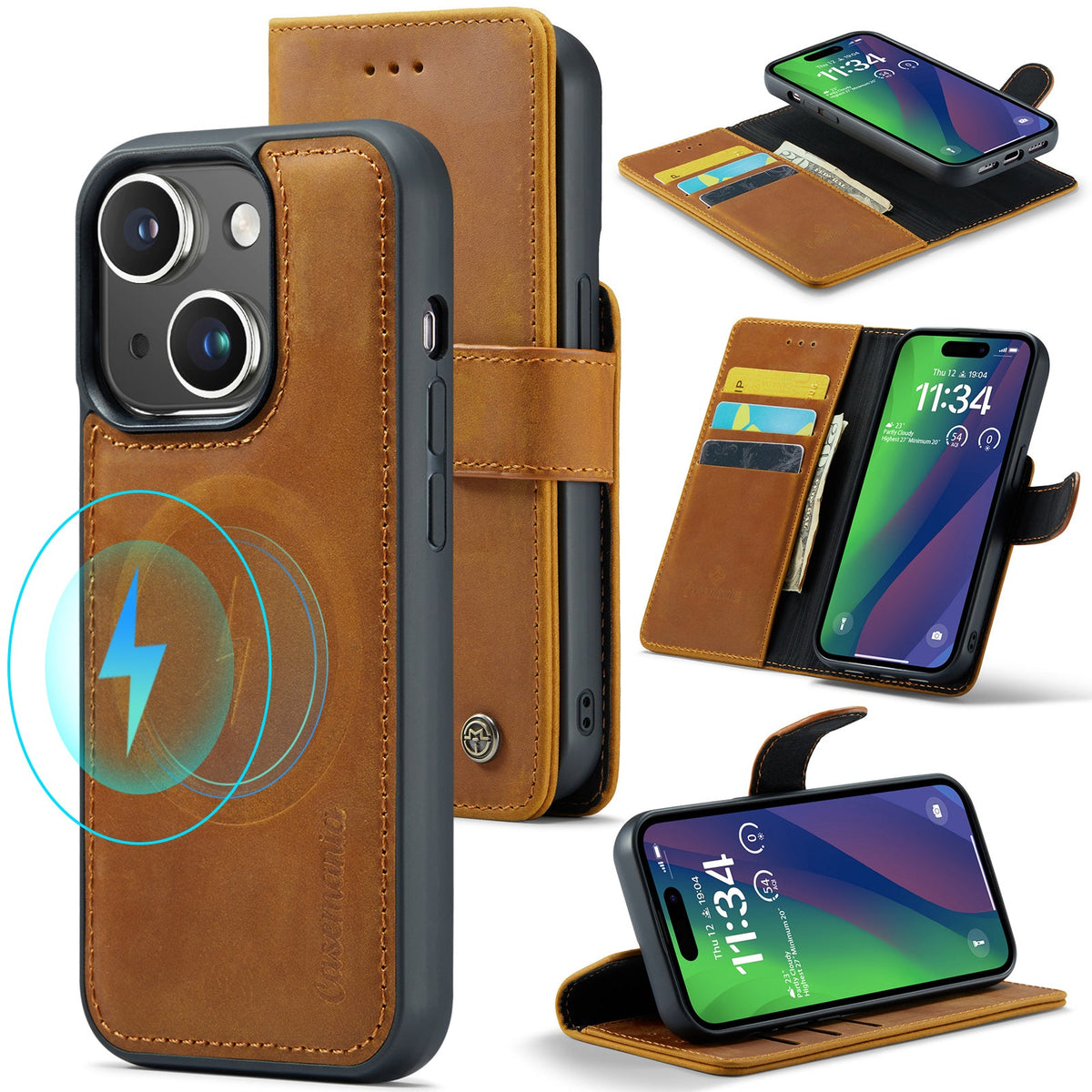 Apple iPhone 15 Plus Hoesje - Sienna Brown - Echt Leren 2 in 1 MagSafe Bookcase