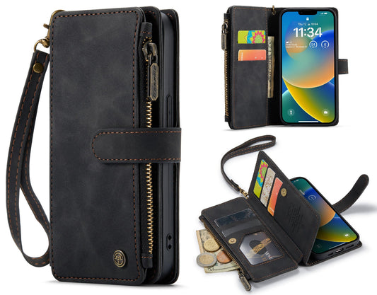 Apple iPhone 14 Plus Case - Charcoal Gray - Luxury Wallet Case with Zip and Wrist Strap