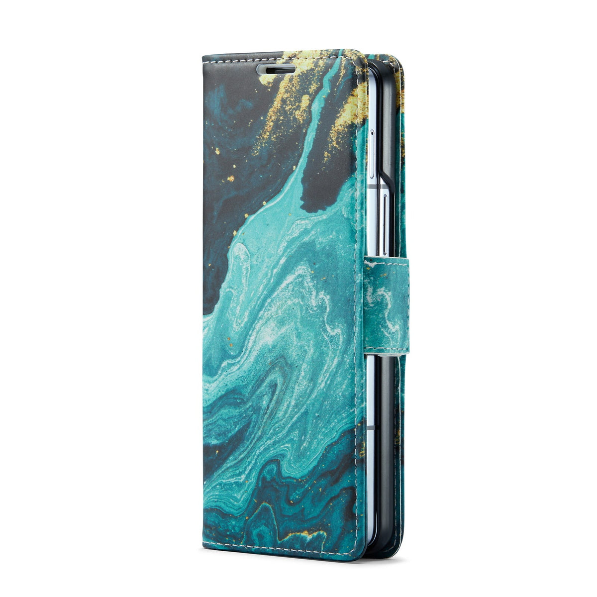 Samsung Galaxy Z Fold 5 Hoesje - Blue Aquamarine - Marmer Portemonnee Bookcase