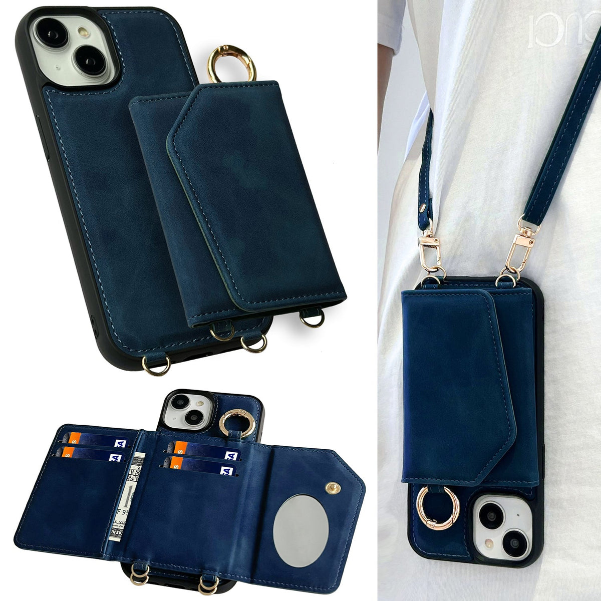 Apple iPhone 16 Hoesje - Navy Blue - Luxe Bookcase met Telefoonkoord