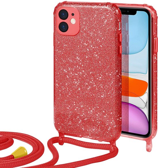Apple iPhone 11 Hoesje - Rood - Glitter Back Cover met Telefoonkoord